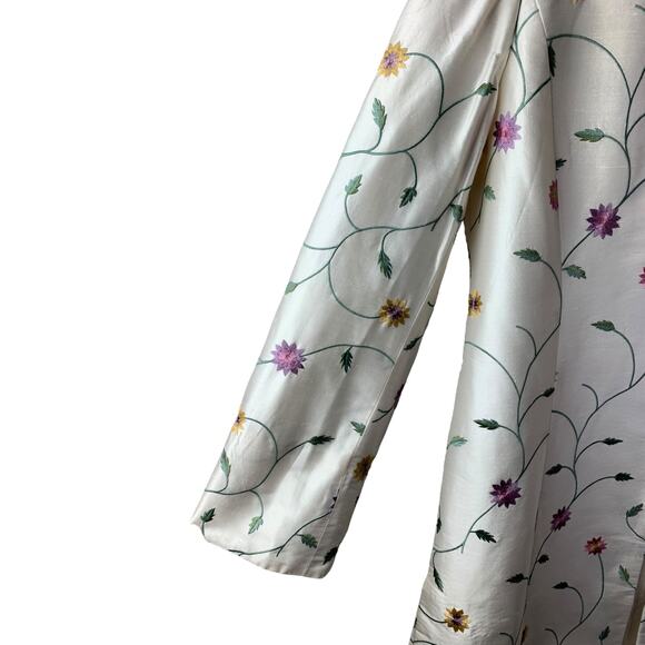 Austin Reed Coat Womens 12 White Embroidered Floral 100% Silk Long Jacket - Picture 6 of 10